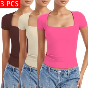 3 PCSWomen's Square Neck Going Out Tops Sexy Slim Fit Short Sleeve waist - length cropped style T Shirts Smoke Cloud Pro Collection springtok 015 basic tees forwomen