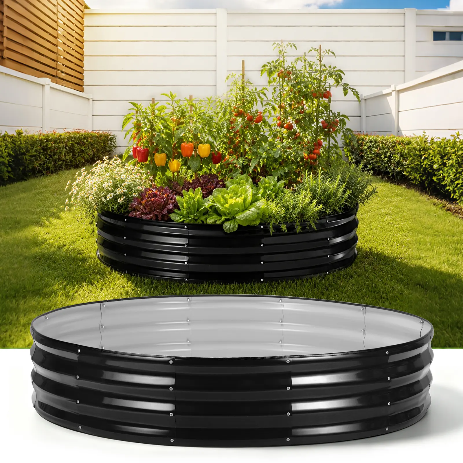 Circular Galvanized Black Rustproof Modular Open-Ended Base Corrugated Metal Raised Garden Bed Kit - Easy-Assemble Deep Root Plant Container for Outdoor Gardeners, Home Improvement Supplies, Raised Bed