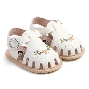 Baby Girl Sandals, PU Leather Non-slip Embroidery Flower Summer Flats Toddler Shoes for Casual Daily Squeaky Pattern