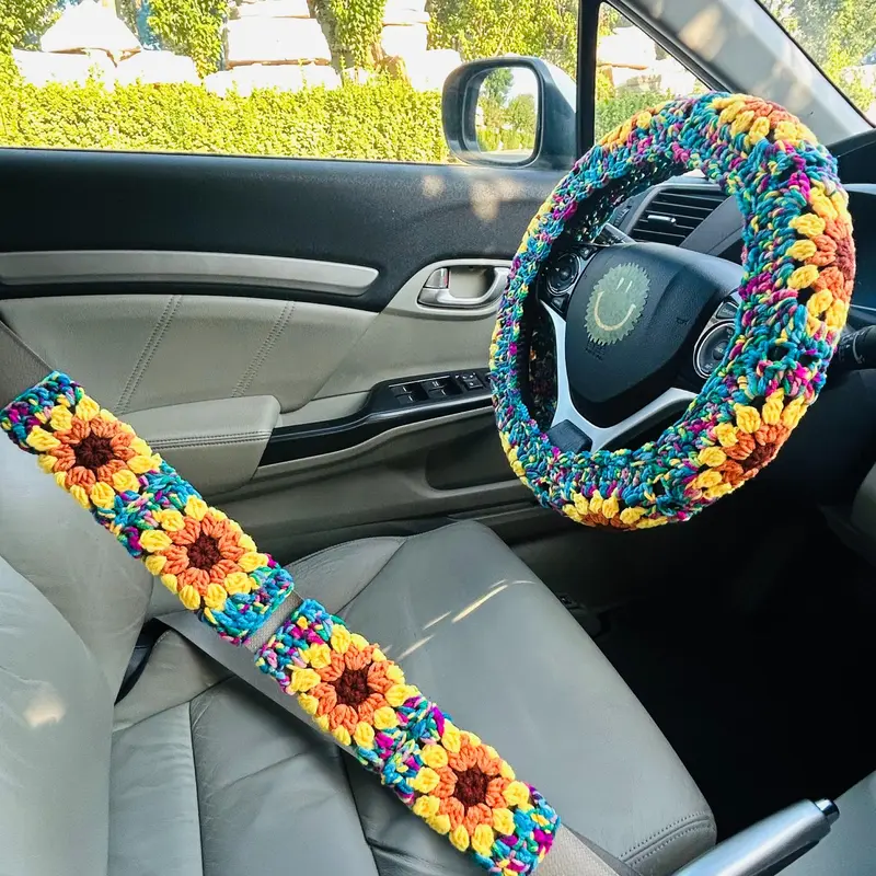 Sunflower Pattern Car Steering Wheel Cover, Crochet Seat Belt Cover, Car Interior Decoration Cover for Steering Wheel, Car Interior Set, Car Accessories Cute, Automotive Decorative Accessories, Aesthetic Car Accessory