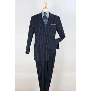 Mens Double Breasted 1920's Wide Bold Gangster Pinstripe Suit in Navy