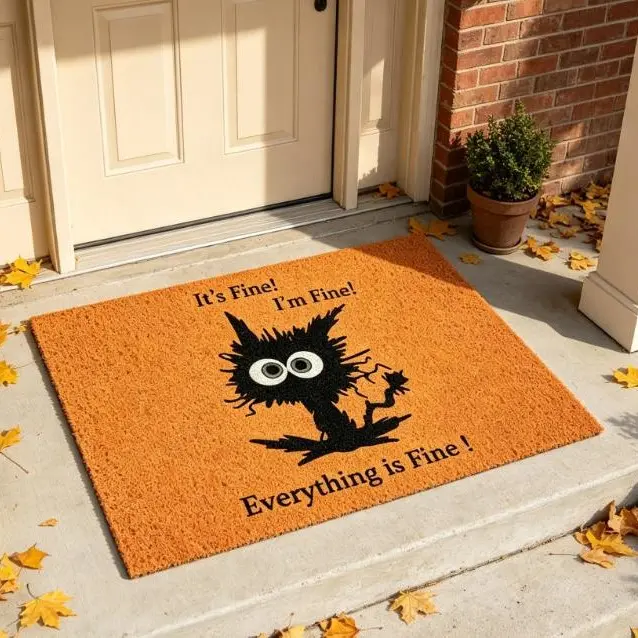 Welcome Mat It's Fine I'm Fine Everything Is Fine Frazzled Black Cat Funny Sarcastic Quote Non Slip Washable Entryway Door Mat Humorous Front Porch Home Decor