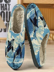 Blue Whale Jumping Wave Cotton Slippers, Blue Base, Humpback Whale Design, Eva Sole, Textile Upper, Fall & Winter Home Wear