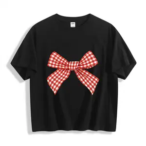Womens Cotton Crop Top Short Sleeve Crew Neck Graphic Tee Red Gingham Bow Print Cute Coquette Aesthetic Y2K Summer Outfit Top For Jeans Skirts