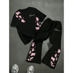 Unisex Y2K Style Sakura Two Piece Set, Cherry Blossom Print Short Sleeve T-Shirt & Wide Leg Sweatpants, Japanese Floral Streetwear, Summer Casual Wear For Anime Fans And Streetwear Lovers
