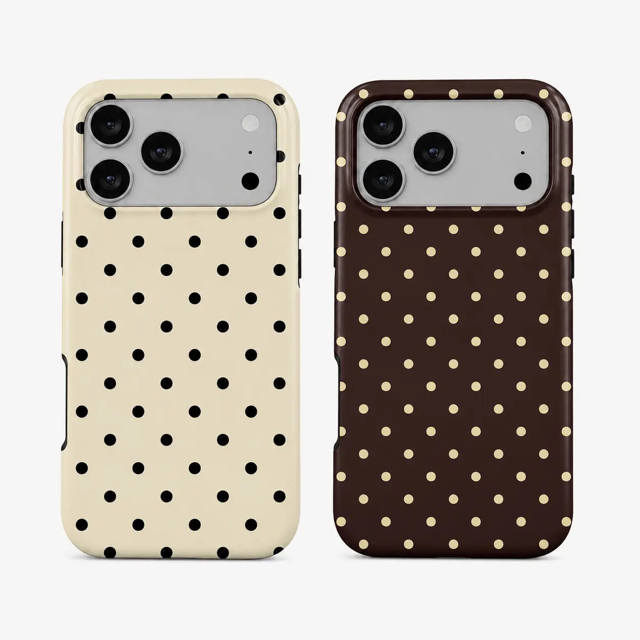 Polka Dot TPU + PC Phone Case for Select iPhone 11-17 and Samsung Galaxy S22-S25 Models in Cream and Black or Dark Brown and Beige Designs