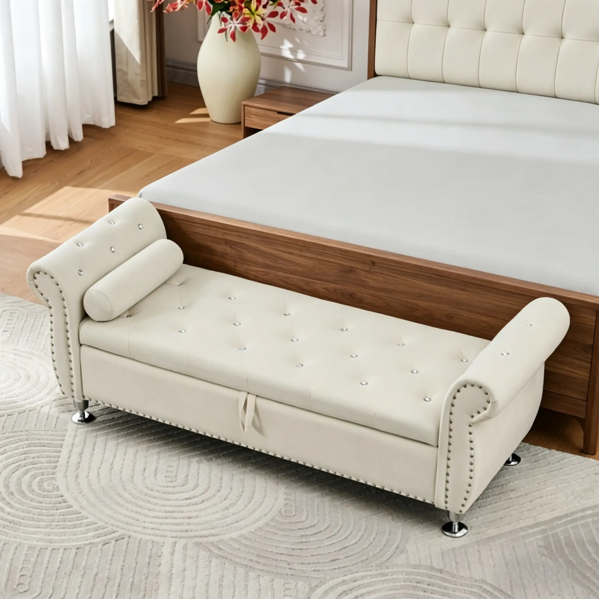 62.2-Inch Soft Velvet Fabric Storage Bench - Crystal Buttons, Tufted Upholstered Cushion, Spacious Rectangular Design, Sturdy Eucalyptus Core, for Bedroom, Corridor Home Items Ottoman Footrest