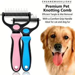 Pet Detangling Comb, Double-Sided Grooming Brush for Dogs & Cats, One-Click Clean Undercoat Rake for Shedding Mats