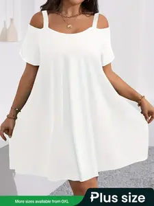 【Plus Size】 Solid Color Cold Shoulder Dress, Casual Short Sleeve Dress for All Seasons, Women's Clothes for Daily Wear