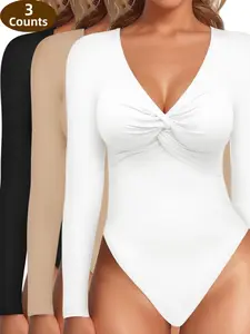 LuxeCurve3CountsWomen'sSexyTwistFrontVNeckLongsleeveSlimFitTrendyTopsBasicComfort,LadiesWearingWarmUndergarmentsOutside,Slim-FittingCasualBaseLayerforSpring&Fall,FashionWomen'sTopSuitableforDailyWear Bodysuit Womenswear