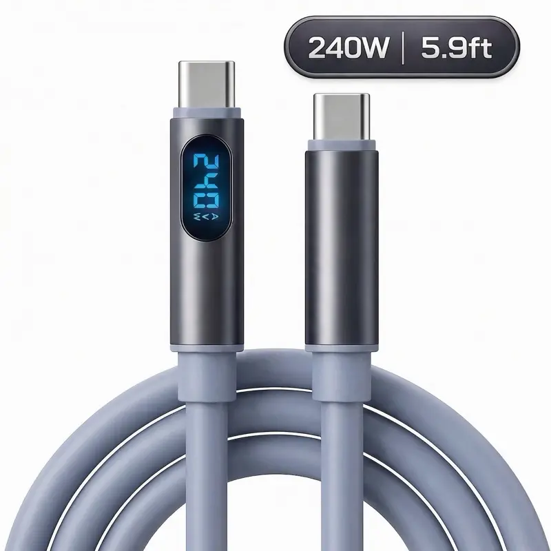 240W 5.9ft USB-C to USB-C Fast Charging Cable with V/A/W Power Display, Thick Silicone USB-C Cord with Alloy Shell for iPhone 18/17/16/15 Series,iPad, Samsung Smartphone Cellphone