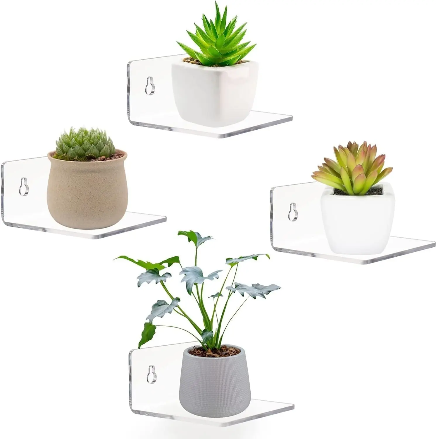 Acrylic Wall Shelves, Clear 4 inch Floating Display Shelves for Pop Figures, Plants, Tiny Wall Mounted Transparent Invisible Ledges with Adhesive for Bedroom Living Room Decoration