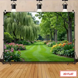2D Flat, 2D Flat - 2D Flat, 2D Flat - 2D Flat Banner, 1pc Large Garden Flower Wall Mural, Vibrant Floral And Green Tree Backdrop, Durable Polyester Material, Ideal for Wedding, Birthday, P