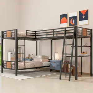 L-Shaped Twin over Twin Bunk Bed with Twin Size Loft Bed with Desk and Shelf ,Brown