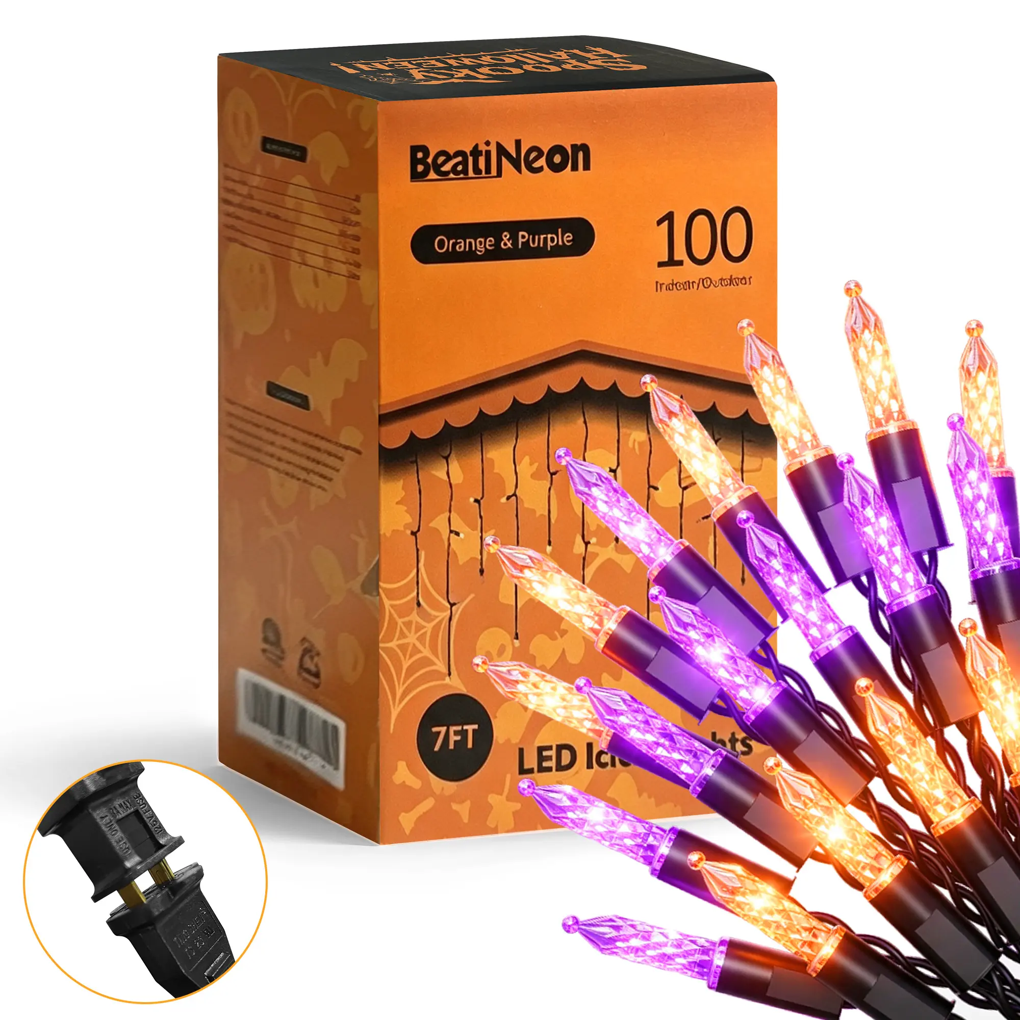 Beatineon LED Halloween Lights, 100 LED Icicle Lights on 7FT with 4 Inch Spacing - 5MM Wide Angle Orange & Purple Bulbs, IP68 Waterproof & ETL Certified for Outdoor/Indoor