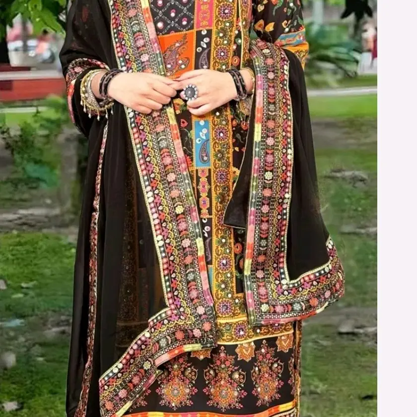 3-Piece Mirror work design elegant long kurti plazoo Suit Traditional  Womenswear  Style Dress