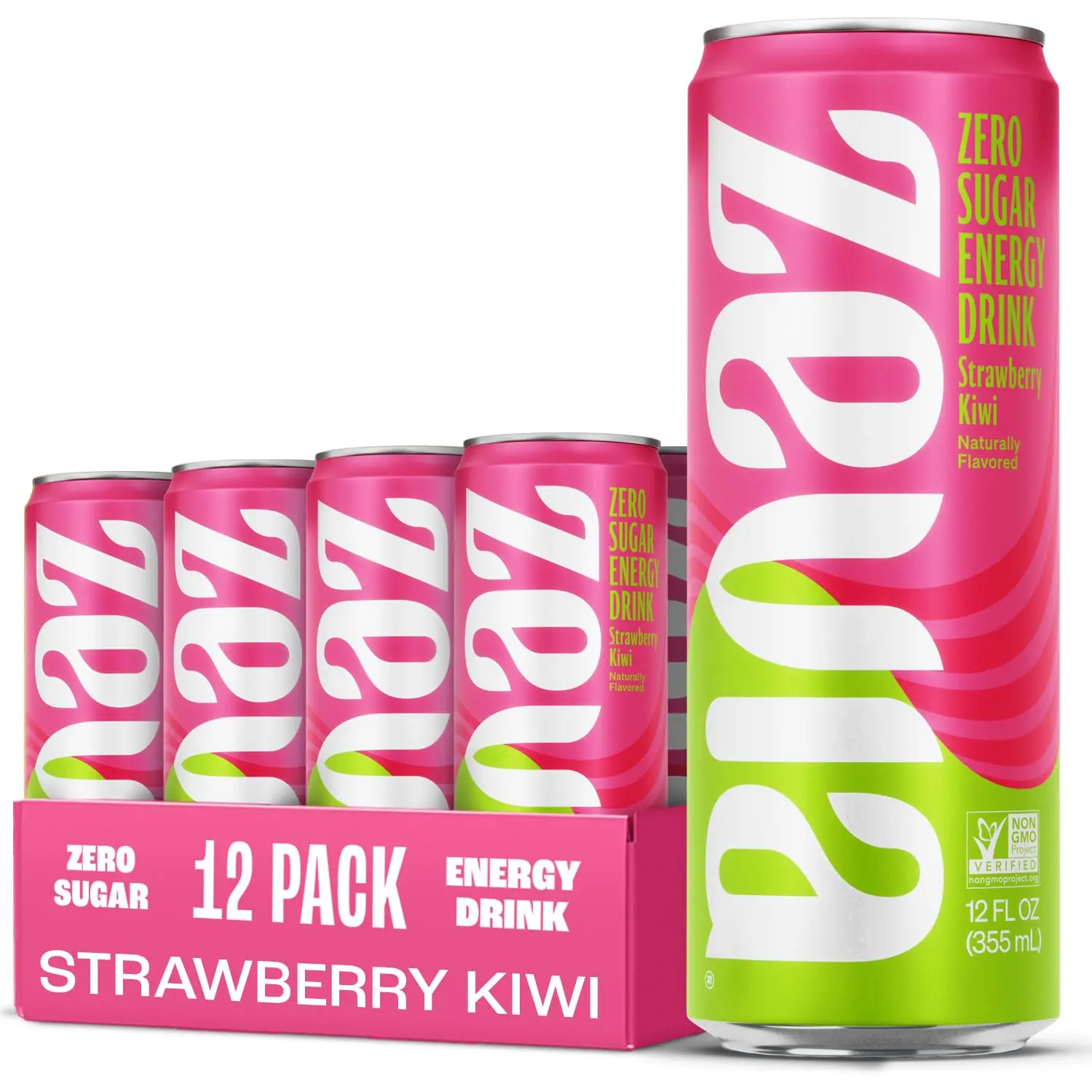 Zevia Zero Sugar Energy Drink, Strawberry Kiwi, 12 oz Cans (12 Pack) – Naturally Sweetened, Zero Calorie, Plant-Based, Non-GMO, Vegan