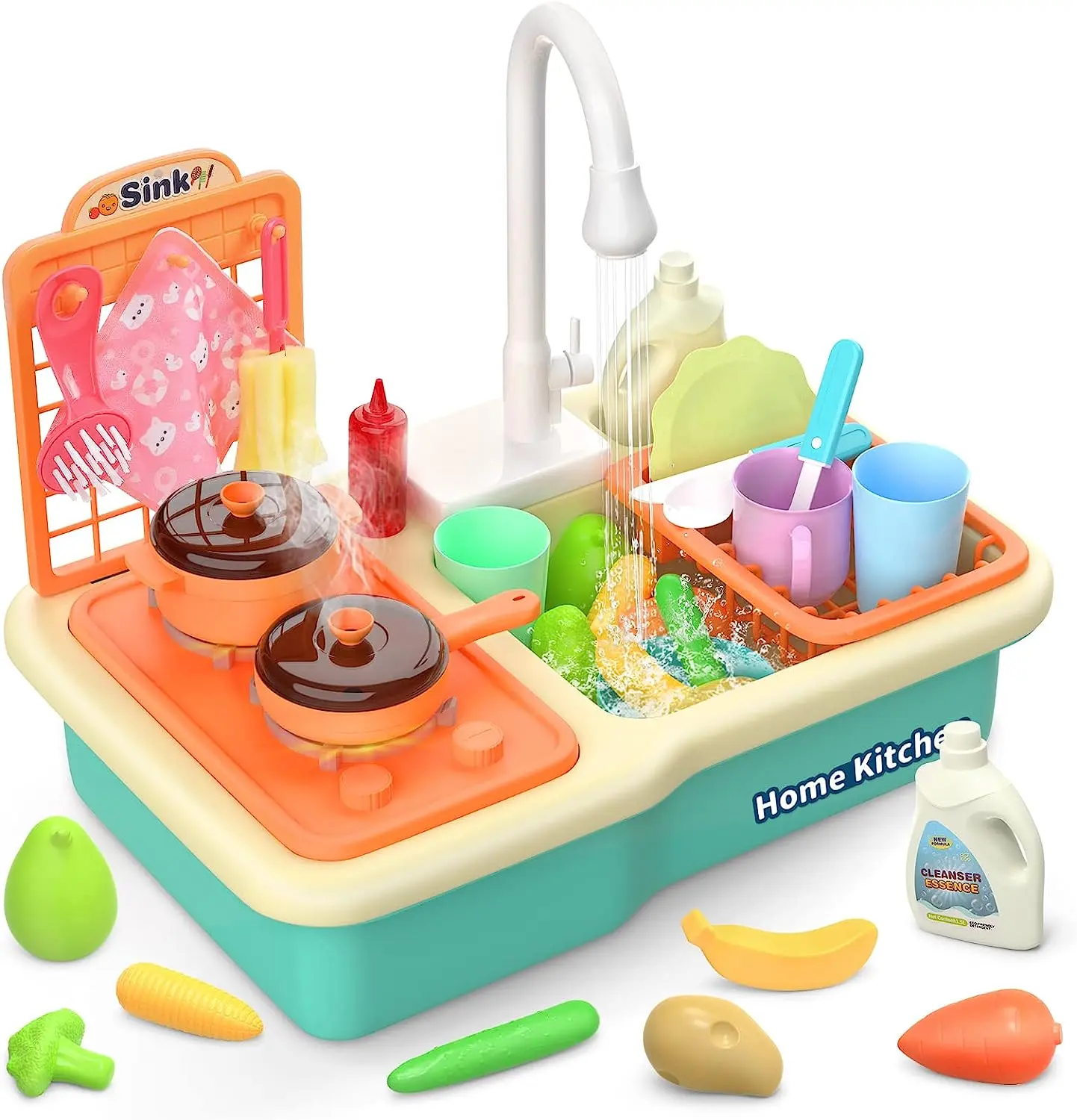 CUTE STONE Play Sink with Running Water, Kitchen Sink with Upgraded Electric Faucet, Play Kitchen , Realistic play set learning cookingset summerwins