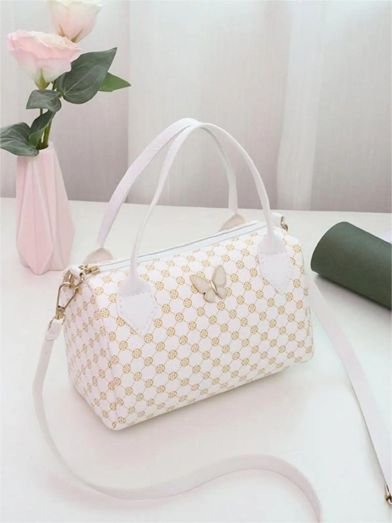Fashion Random All over Pattern Butterfly Decor Boston Bag, Women's Trendy Zipper Handbag, Simple All-match Bag for Daily Life