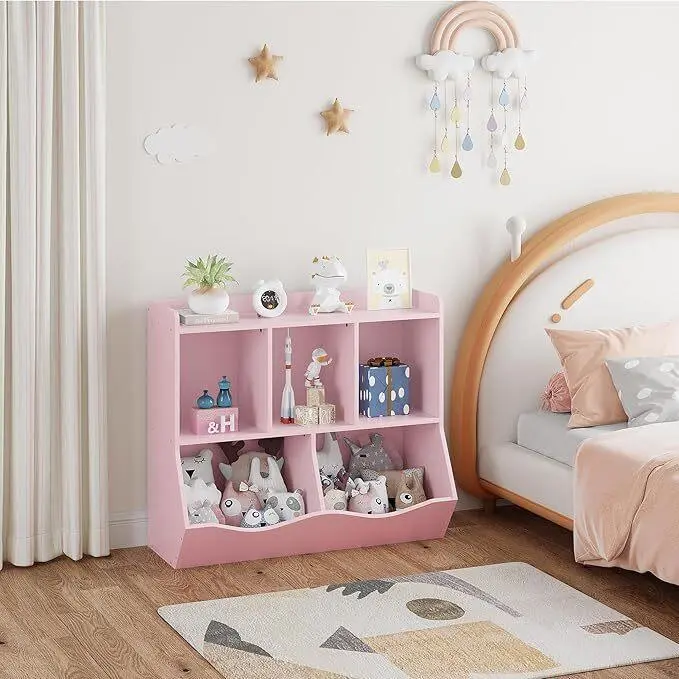 GARVEE Children's shelf toy shelf bookcase children's toy storage 2-tier with 5 compartments for children's room playroom kindergarten 92 * 29 * 80cm,Pink
