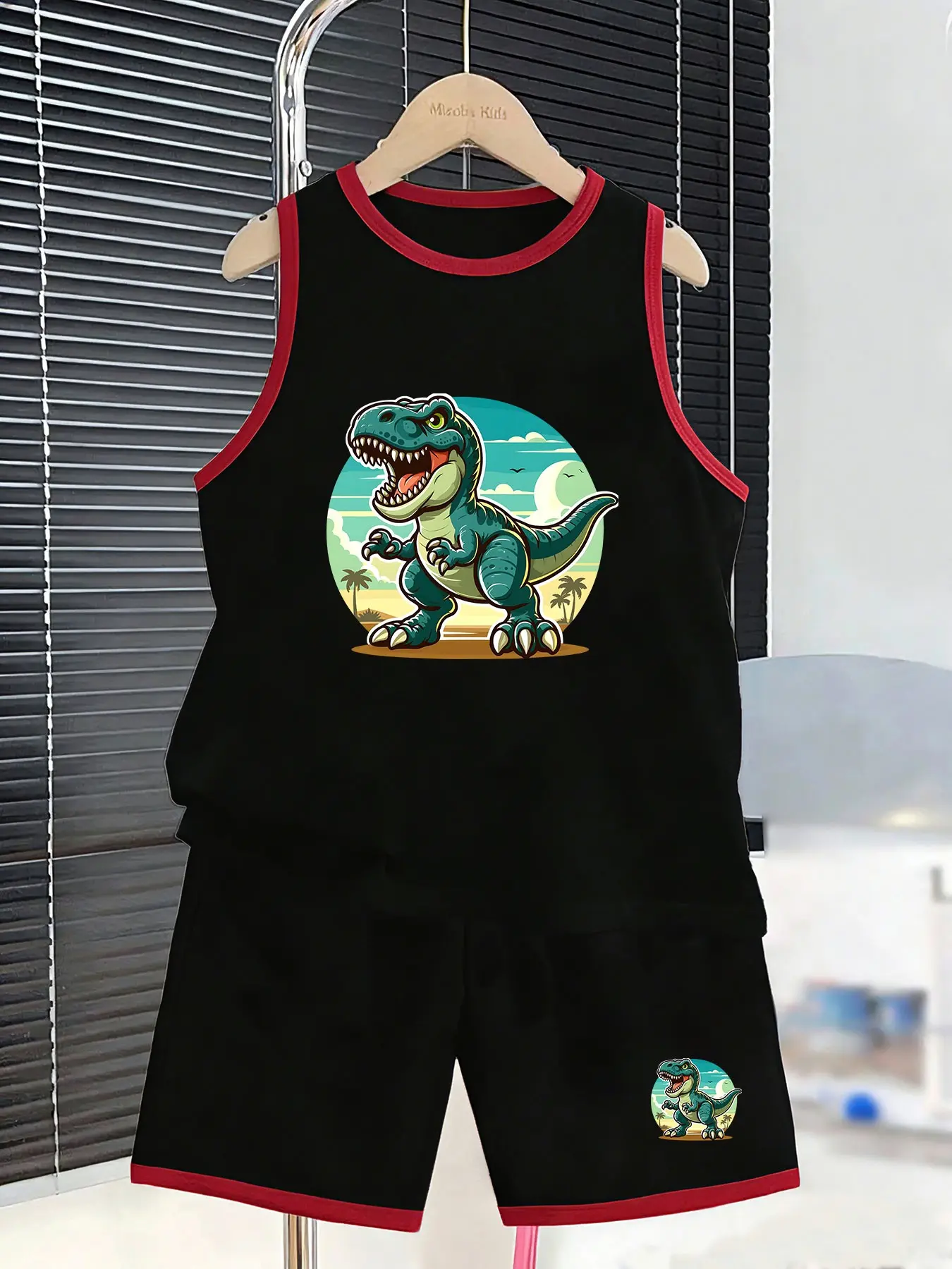 Beach Dinosaur Print Boys' Tank Top Set, Summer Clothing Set, Perfect for Summer Vacation, Theme Parties, Outdoor Play, Fun and Cool Design, Sleeveless Set