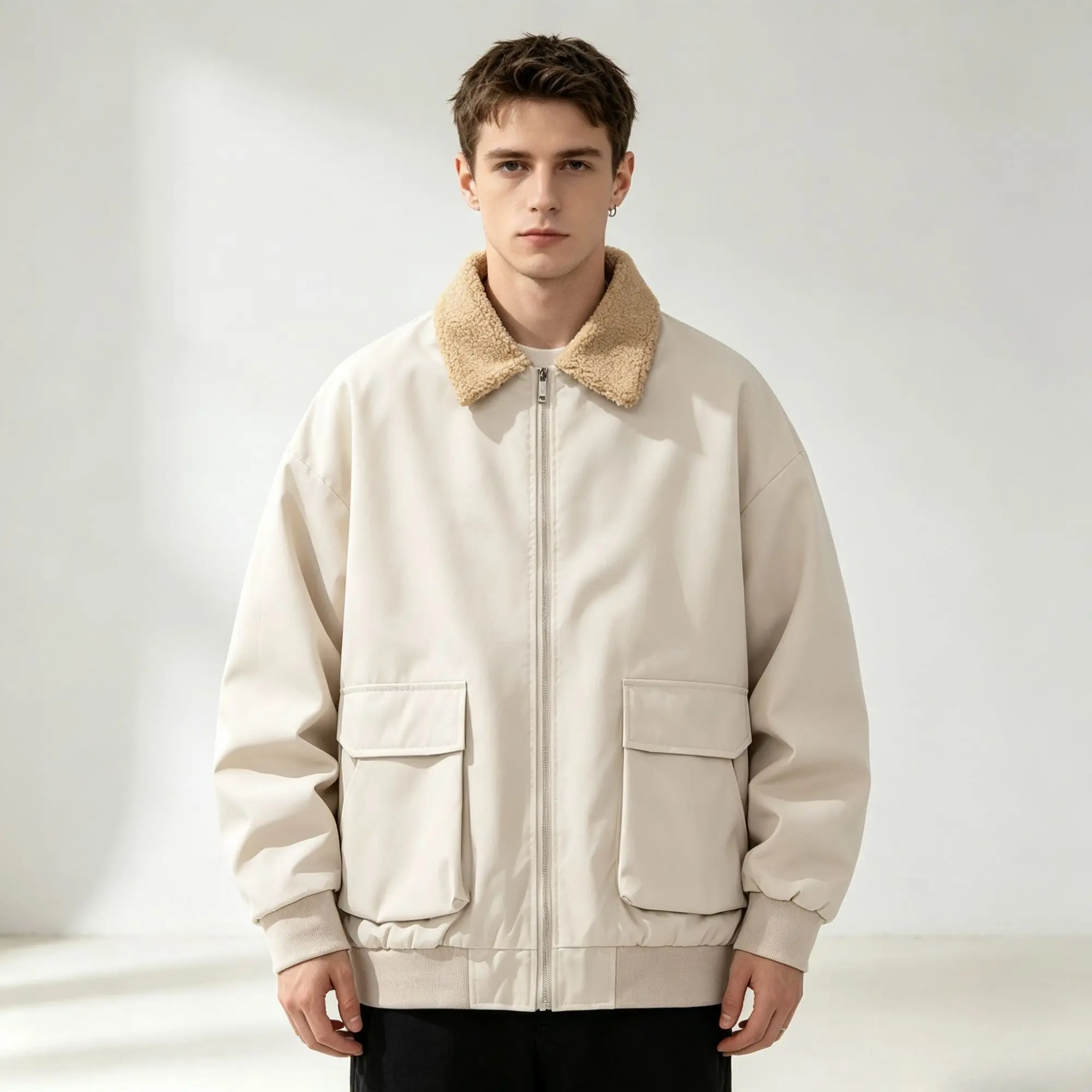 Men’s shearling fleece work jacket with turn-down collar, loose fit, large pockets, baseball collar, thickened fabric for autumn/winter, windproof outerwear