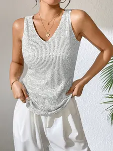 Bling Bling Sequin V-Neck Tank Top, Summer Sexy Slim Fit Innerwear, Fashionable Patchwork Straps, No Button Collar Zipper