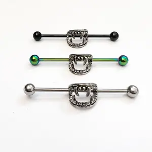 Vampire fang industrial bar, scaffold ear piercing barbell, 14g cartilage tragus helix body jewelry