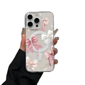 Cartoon Bow Acrylic Transparent Magnetic Soft Smartphone Casing, Anti-Drop Lightweight Durable Cellphone Case for iPhone 17 Pro Max,16,15,14,13,12,11,X, Wireless Charging Handheld Phone Accessories