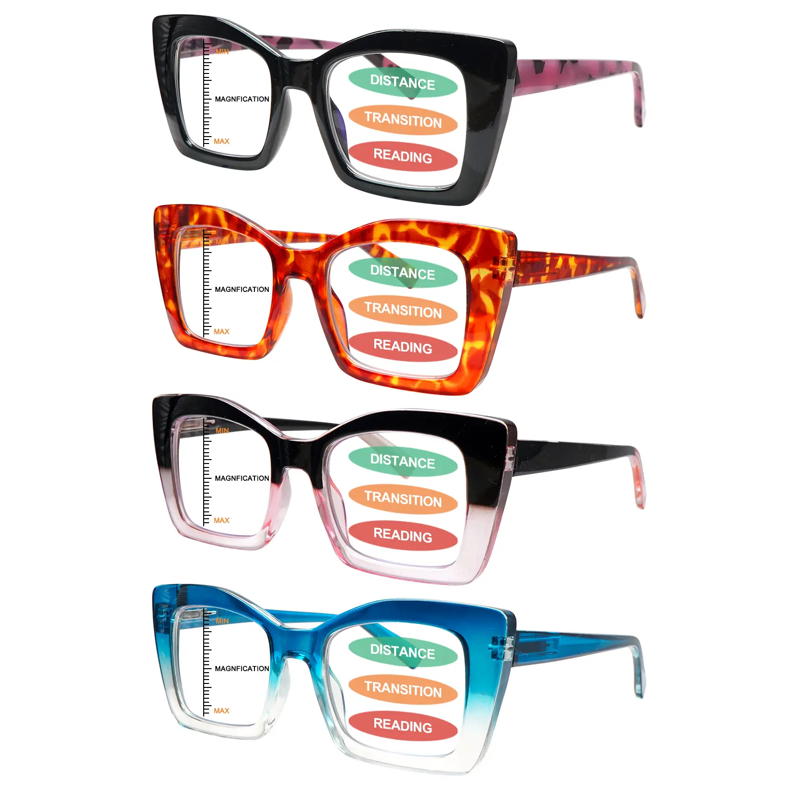 4-Pack  Women's Fashionable Oversized Frame Progressive Multifocal Blue Light Blocking Reading Glasses (,Mix Color) - Lightweight Plastic, Spring Hinges, 3-Level Adjustable Vision, Ideal for Daily Commuting, Outdoor Activities, Holiday Gift