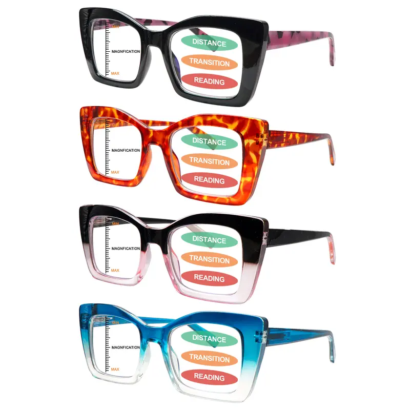 Women's 4-Pack Progressive Multifocal Reading Eyeglasses - Blue Light Blocking, Anti-Glare, 3-Level Adjustable Vision, Lightweight Plastic Oversized Casual Frames, Mixed Colors, Family Gift, Female Daily Commuting Eyeglasses for Phone & Gaming with Box
