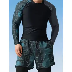 Men's Quick-Dry Swimwear Set - Two-Layer Swim Trunks with Elastic Drawstring, Durable and Spandex Blend, Camouflage Pattern, Long-Sleeve Sun Protection Jacket - Perfect Diving and Beach Activities, Beach Swimwear | Swimwear