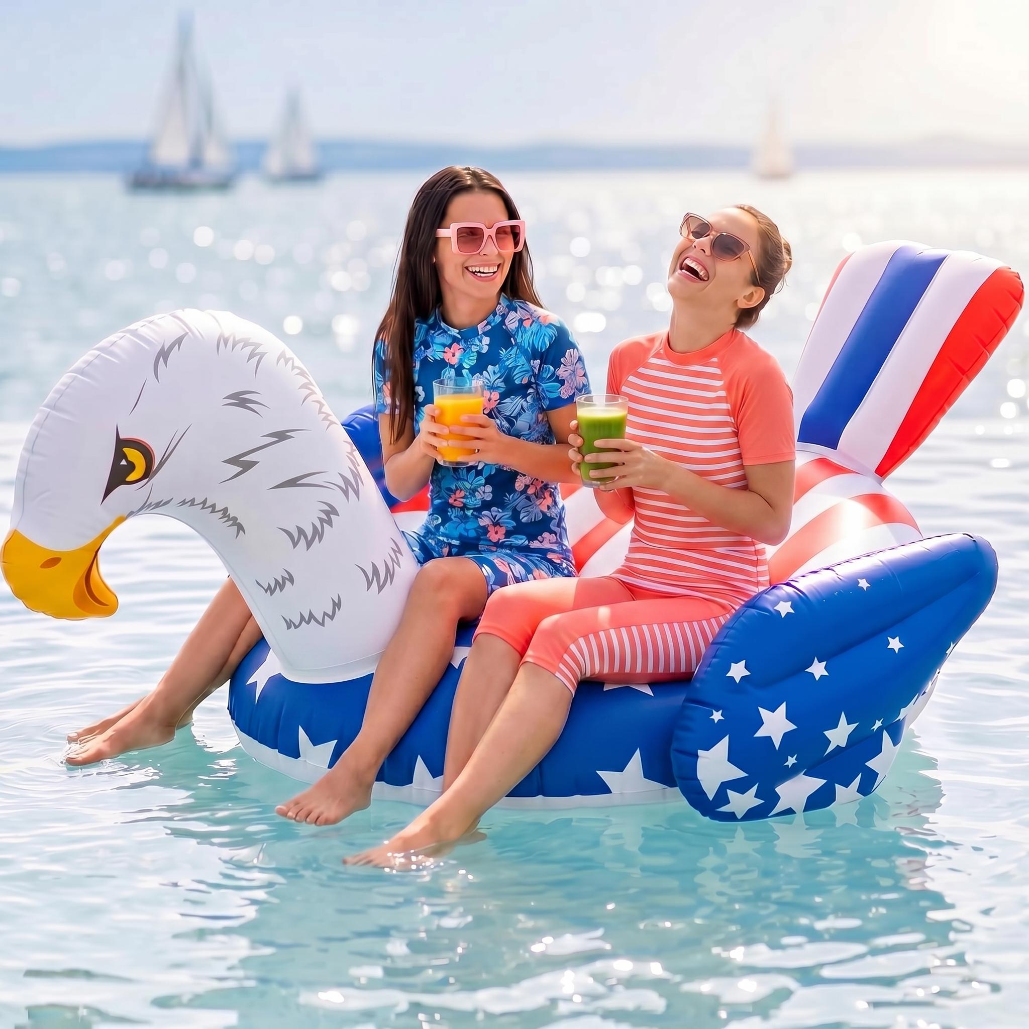69-Inch Patriotic Americana Eagle Pool Float For Adults -Oversized Ride-On Inflatable Raft With Stable, Durable Design, UV-Resistant Lounge Floatie For Pool, Lake, Beach, Perfect For 4th Of July, Summer Parties, Outdoor Relaxation, Floating Chair