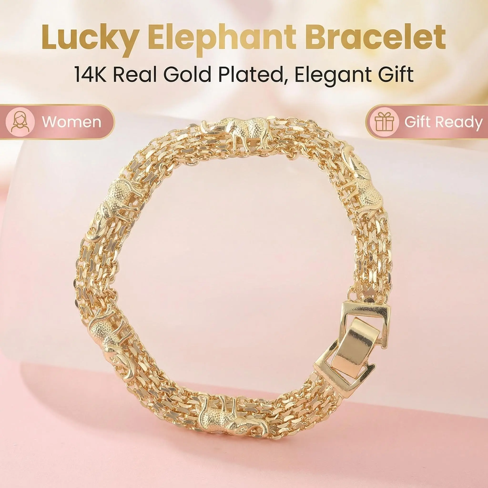 Trendytry 14K Gold Plated Elephant Bracelet Lucky Gift for Women Elegant Unique Design Special Occasion Jewelry