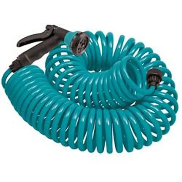 Orbit 7015330 Center Automatic Retractable Watering Equipment - Heavy Duty Polyurethane Garden Hose Combo, 3/8 in. x 50ft Coiled Blue Hose, 2.95 lbs, 8-Pattern Nozzle, Angle Design for Outdoor Home Improvement, Garden Irrigation