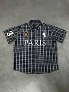 Vintage Y2K PARIS Graphic Plaid Shirt, Oversized Short Sleeve Button Up, Streetwear Harajuku Aesthetic, Casual Summer Top for Women & Men, Hip Hop Skateboarding Wear, Lightweight Breathable Fabric, Casual Breathable Design, TikTok Fashion