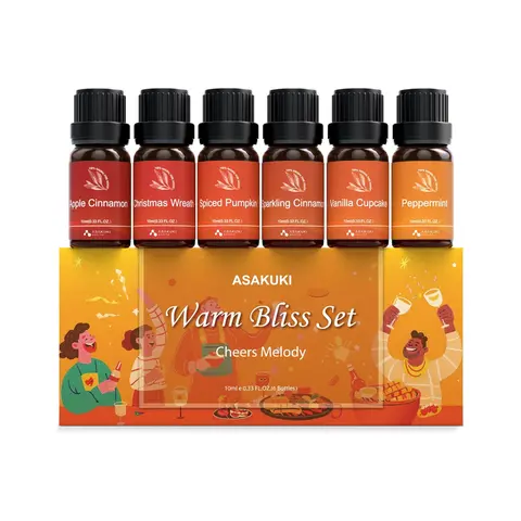 ASAKUKI Global Fall Holiday Fragrance Essential Oils Set - 6x10ml Amber Glass Keep, Animal-Free Autumn Scents for Diffusers & Humidifiers, Cinnamon Spice Hit, Long-Lasting Home Freshener, Christmas Gift