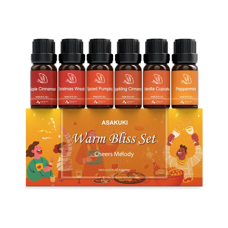 ASAKUKI Global Fall Holiday Fragrance Essential Oils Set - 6x10ml Amber Glass Keep, Animal-Free Autumn Scents for Diffusers & Humidifiers, Cinnamon Spice Hit, Long-Lasting Home Freshener, Christmas Gift