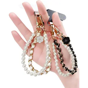 Beaded Pearls Phone Wrist Strap, Detachable CellPhone Wristlet with Tether Tab, Hands-Free Universal Cellphone Charm Bracelet Strap for Cell Phone Keys AirPods