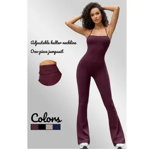 Women's stylish and comfortable halter neck flared leg bodysuit for fitness and fashion, elegant and comfortable sportswear, butt-lifting, high-waisted gym wear, stretchy activewear, women's jumpsuit Yoga