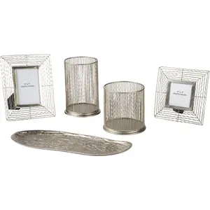 Dympna 5 Piece Home Décor Set with Tray, Candle Holder & Photo Frames, Silver Finish