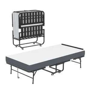 75 Inch Adjustable Headboard Folding Guest Bed, 5 Inch Memory Foam Mattress Portable Rollaway Bed, 450LBS Heavy Duty Metal Frame with Wheels Vacuum Sealed Mattress for Home Office Spare Sleeping Bed