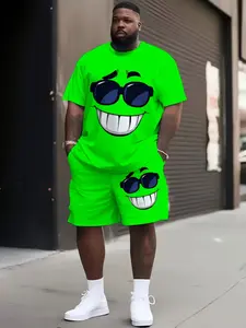 Men's Plus Size Casual Breathable Round Neck Short Sleeve Cartoon Print Shorts Set, Loose Fit, All Seasons, Modern Style