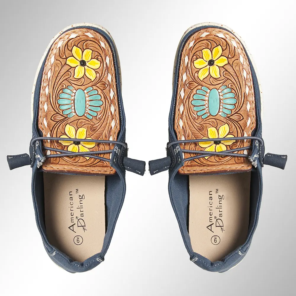 American Darling Hand tooled, carved genuine leather trim lightweight shoe footwear, slip on| Tooled Footwear