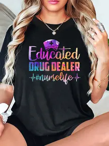 1pc Women's Funny Nurse T-Shirt - "Educated Drug Dealer # Nurselife" Slogan & Print (Vial/Dawg/IV) - Breathable Polyester/Elastane Short Sleeve Top for Nursing & Healthcare Workers - Casual Spring/Summer Tee