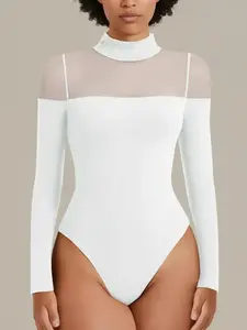 Women's Transparent Mesh Long Sleeve Bodysuit, Fashionable Comfortable Tight Fit, Elegant Plain Design, Spring & Fall Wear, Minimalist