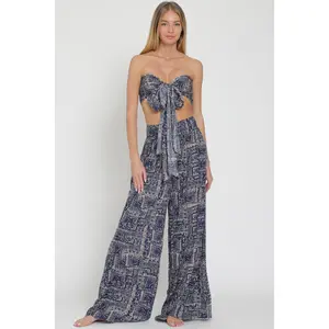 Navy Tie-Front Crop Top & Long Pants Set