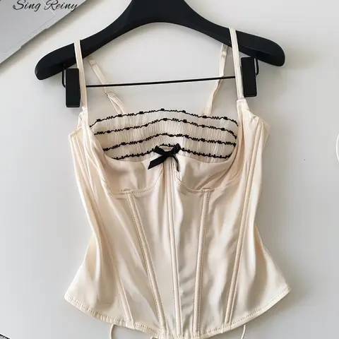 SR.singreiny Women's Fitted Lace Mesh Corset Tank Top - Sleeveless Spaghetti Strap, X-Type, Bow Accent, Beach-Party Ready, Corset-Style Hold, Chic Modern Spliced Summer Basic Womenswear