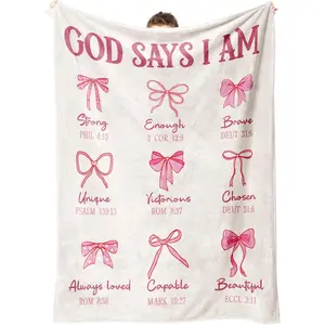Baptism Gifts for Girls, God Says I Am Pink Bow Blanket, Christian Gifts for Women Birthday, First Communion&Confirmation Gift for Teen Girl, Inspirational&Religious Throw Blankets