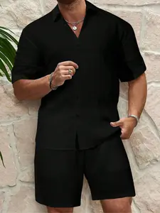 【Plus Size】 Men's Solid Color Loungewear Set, Comfy Short Sleeve Button Up Shirt & Shorts, Men's Sleepwear for Summer